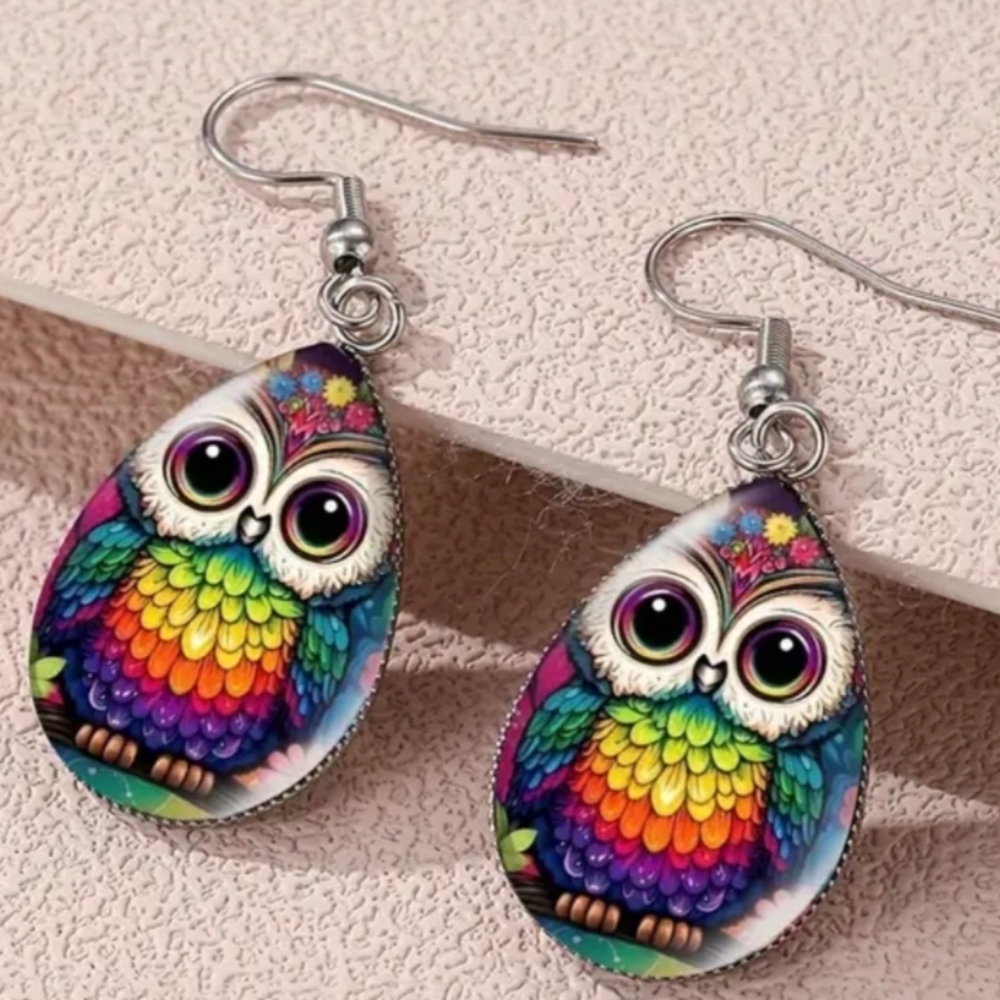 NEW!Boho Cowgirl Animal‎ Print Colorful Owl Drop Crystal Glass Dangle Earrings